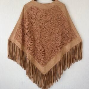 Boho Western Fringe Poncho Crochet Lace Suede Look Brown Festival Cape OS